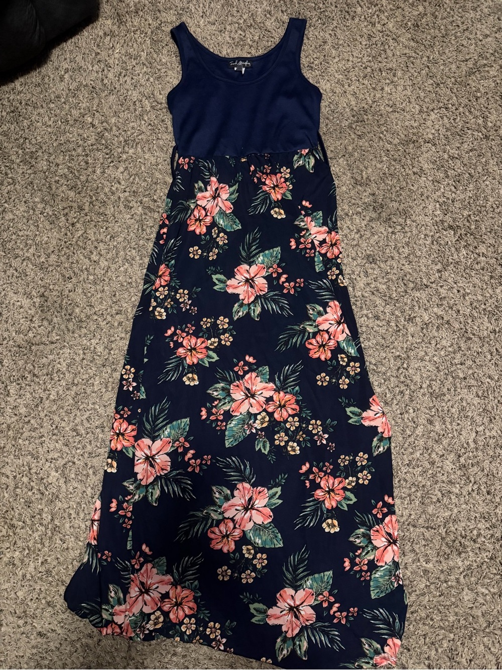 Navy Floral Maxi Dress - Sleeveless Tank Top Style
